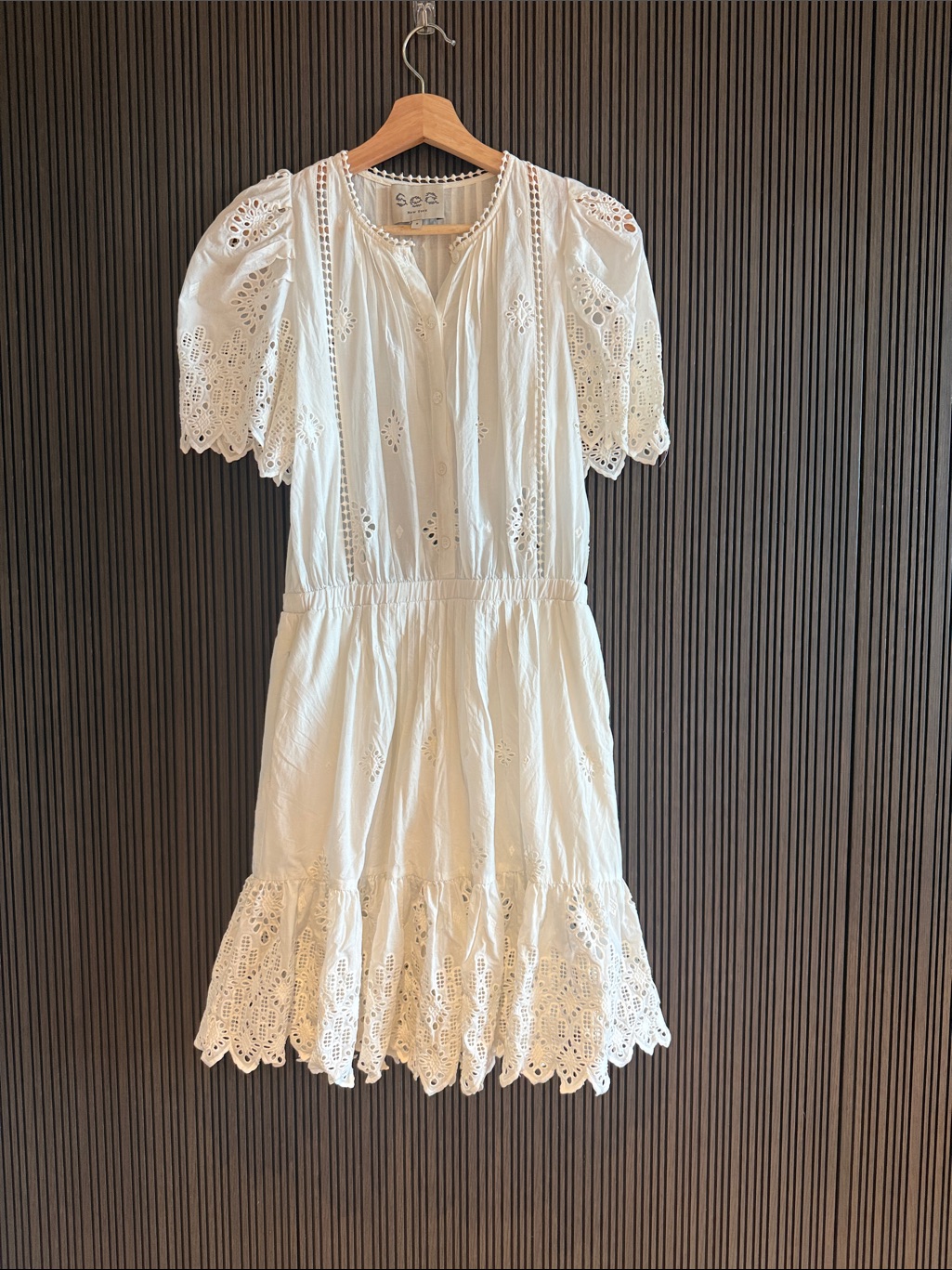 Sea New York White Eyelet Short Dress With Puff Sleeves